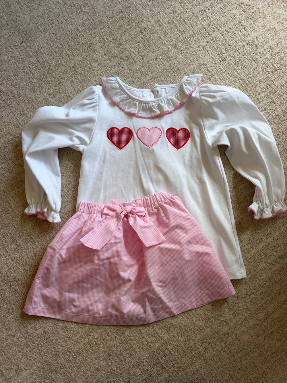 Girls White Top and Pink Skirt Set with Heart Appliqués